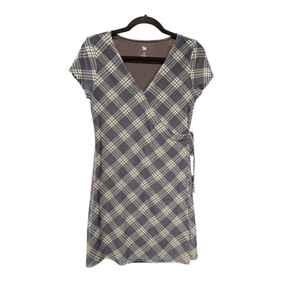 SO Juniors Womens Navy Green Plaid Short Sleeve Faux Wrap Mini Dress Sz Small - Picture 1 of 5